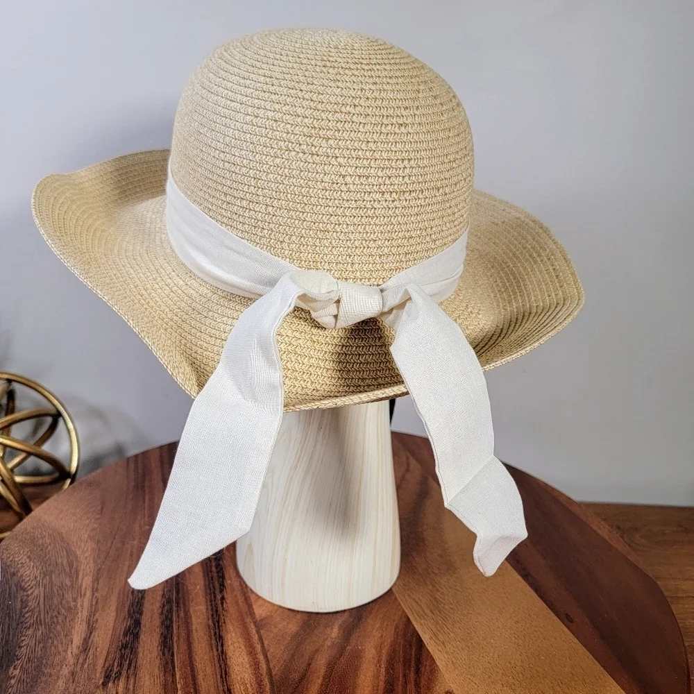 NEW Furtalk Sun Hat Women's Size M / L Woven White Ribbon Upf 80+ Protection